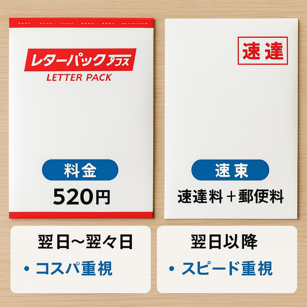 レターパックと速達の封筒を並べて比較している写真。料金・スピード・用途の違いを説明するイメージ。