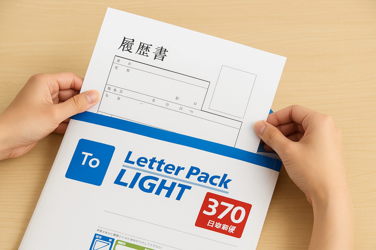 履歴書をレターパックに入れて発送するイメージ。就活やビジネス利用での発送例。