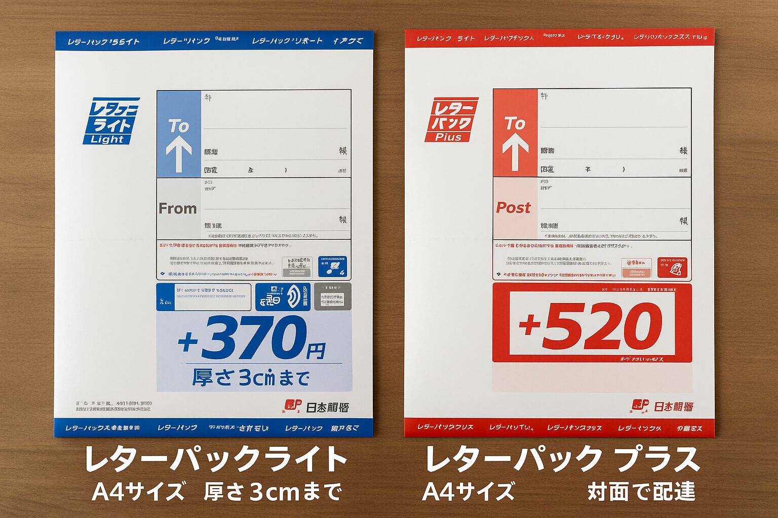 レターパックライトとプラスの封筒比較イメージ。A4サイズで厚みと配達方法が異なる。