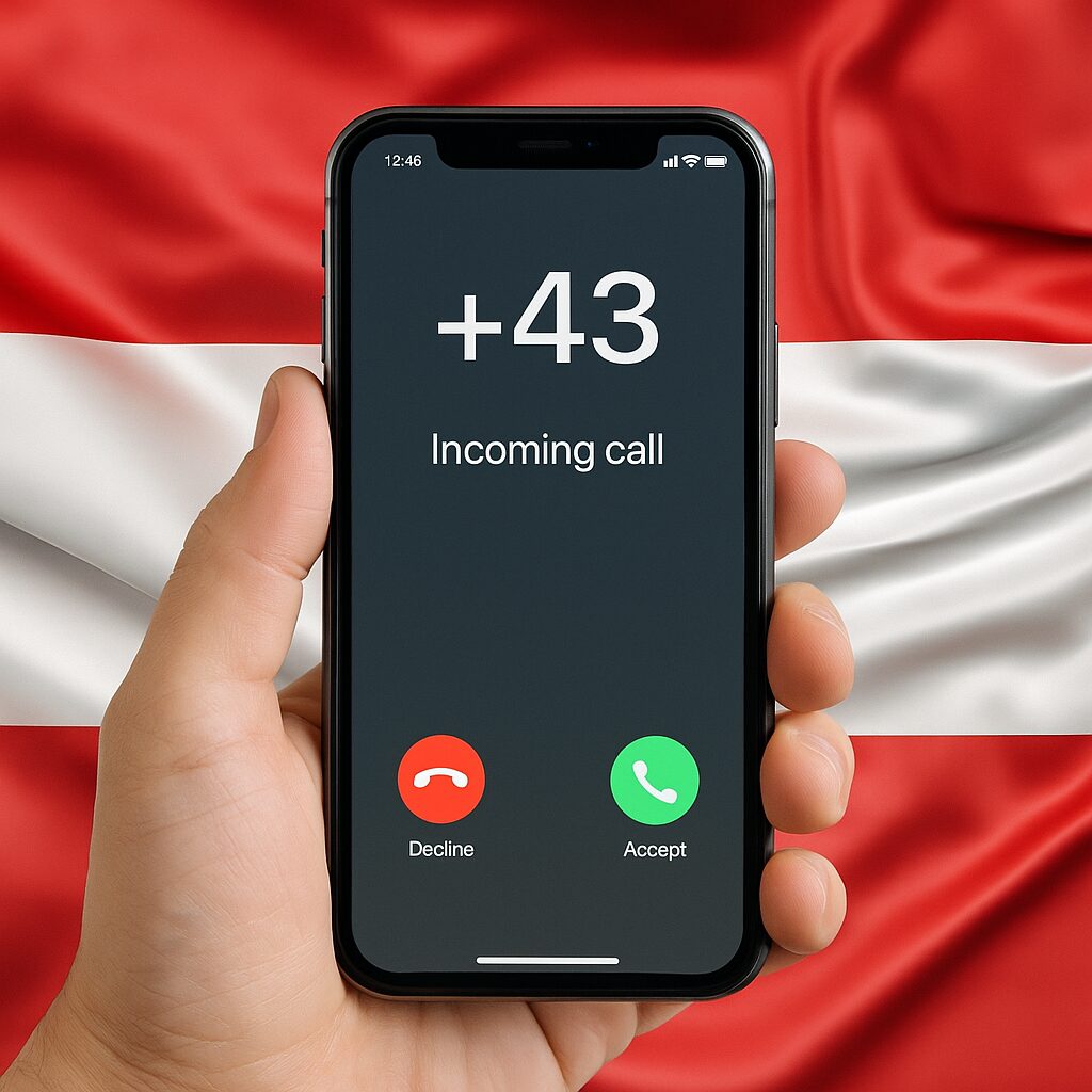スマートフォンに+43からの着信が表示され、背景にオーストリア国旗が映るイメージ