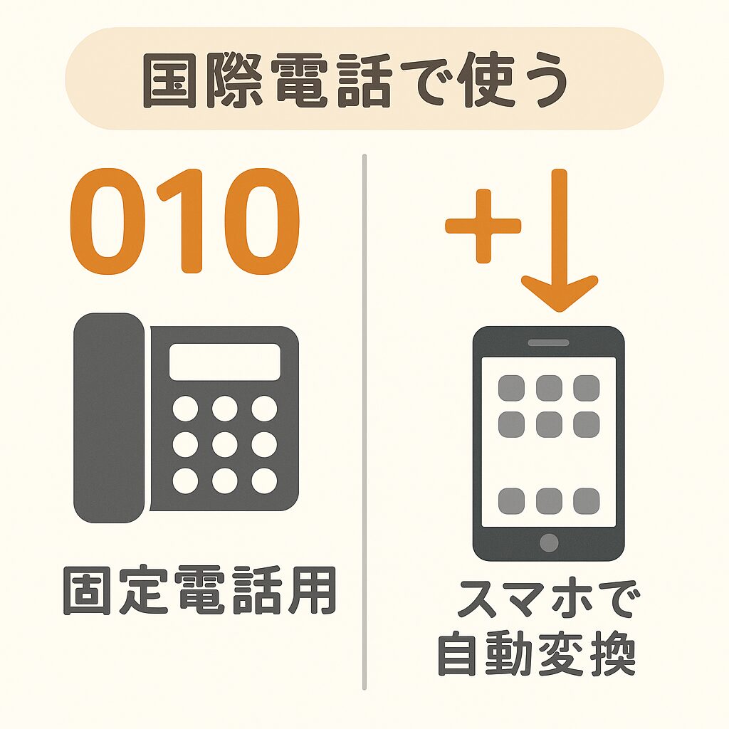 国際電話で使う010と+の違いを示す図解。010は固定電話用、+はスマホで自動変換される仕組みを説明