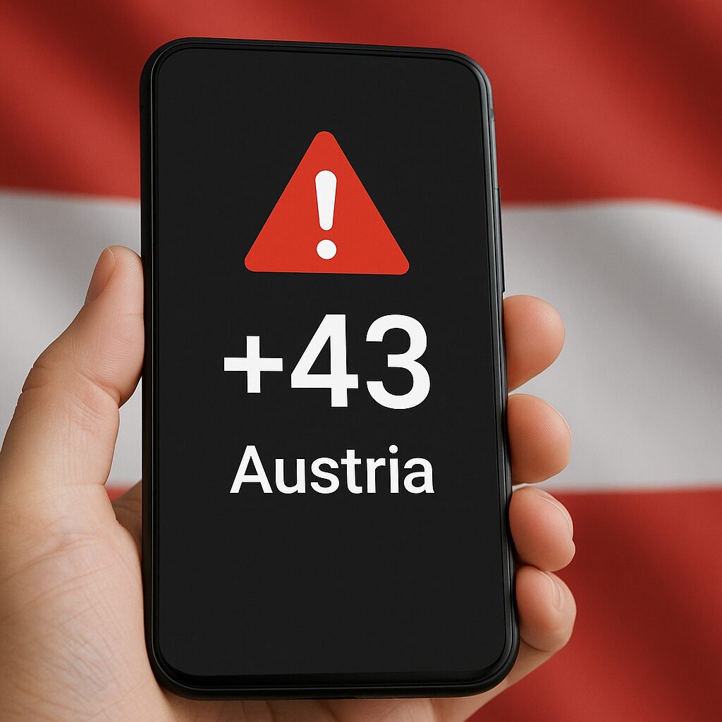 +43の着信警告イメージ。スマートフォン画面に警告マークと国番号が表示されている