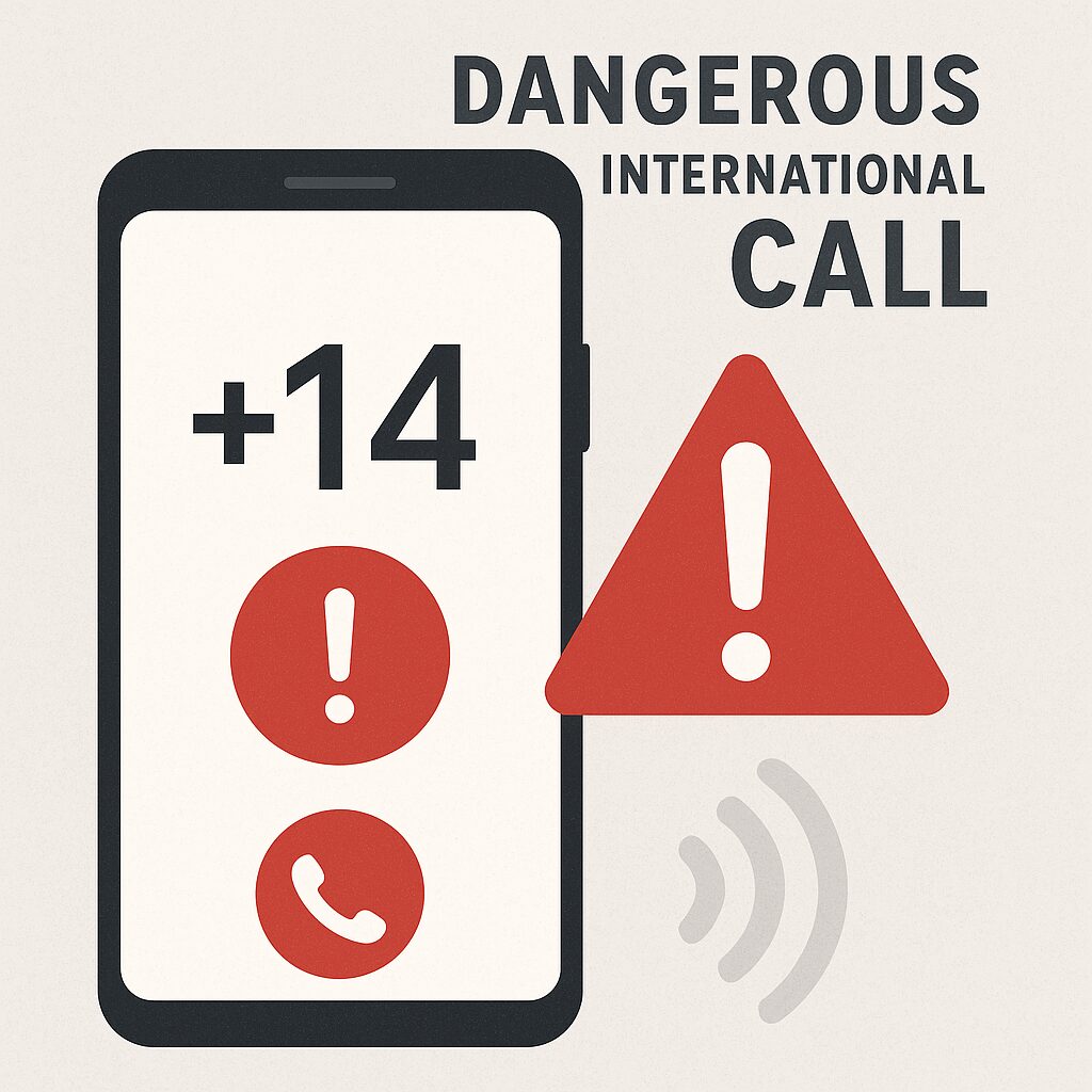 スマートフォンに+14の番号が表示され、赤い警告マークが出ているイメージ。危険な国際電話に注意を促す図。
