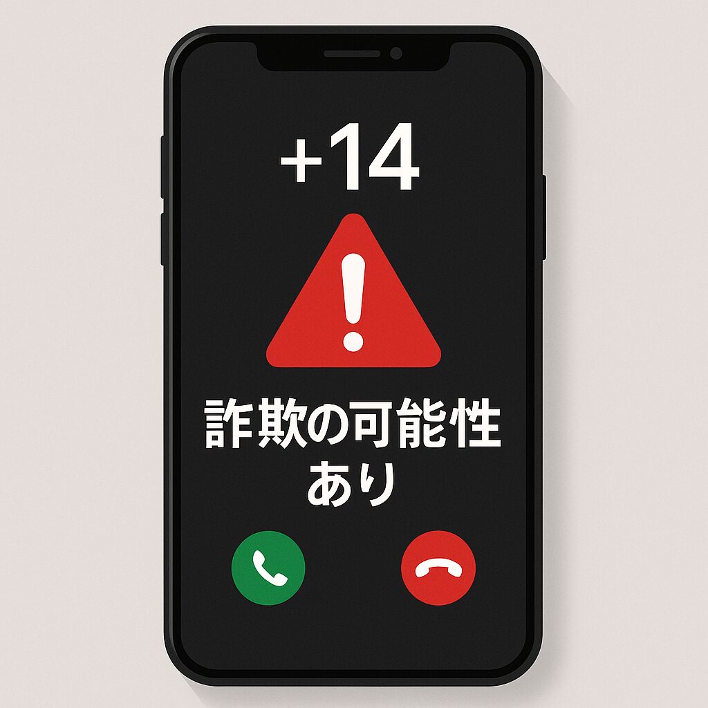 スマートフォンに+14の着信が表示され、赤い警告マークと『詐欺の可能性あり』のテキストが重なるイメージ画像。海外詐欺電話への注意を促すビジュアル。