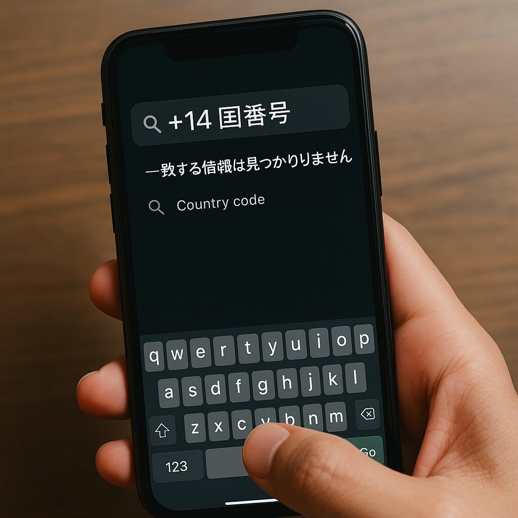 スマートフォンで国番号を確認するイメージ。+14など存在しない番号を検索して調べている様子。