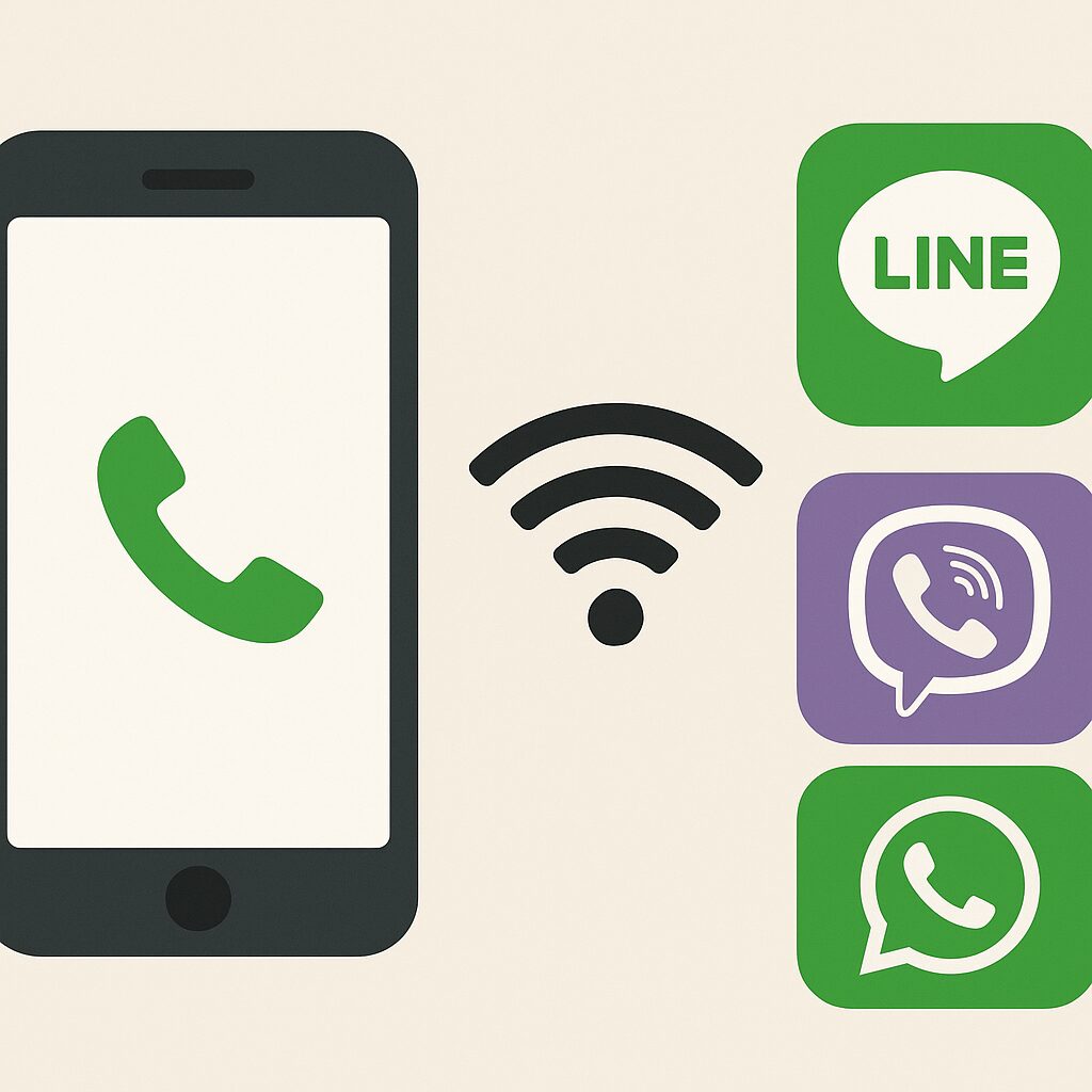 Wi-Fi通話やアプリ通話で国際電話料金を節約するイメージ（スマートフォンとWi-Fiアイコン）