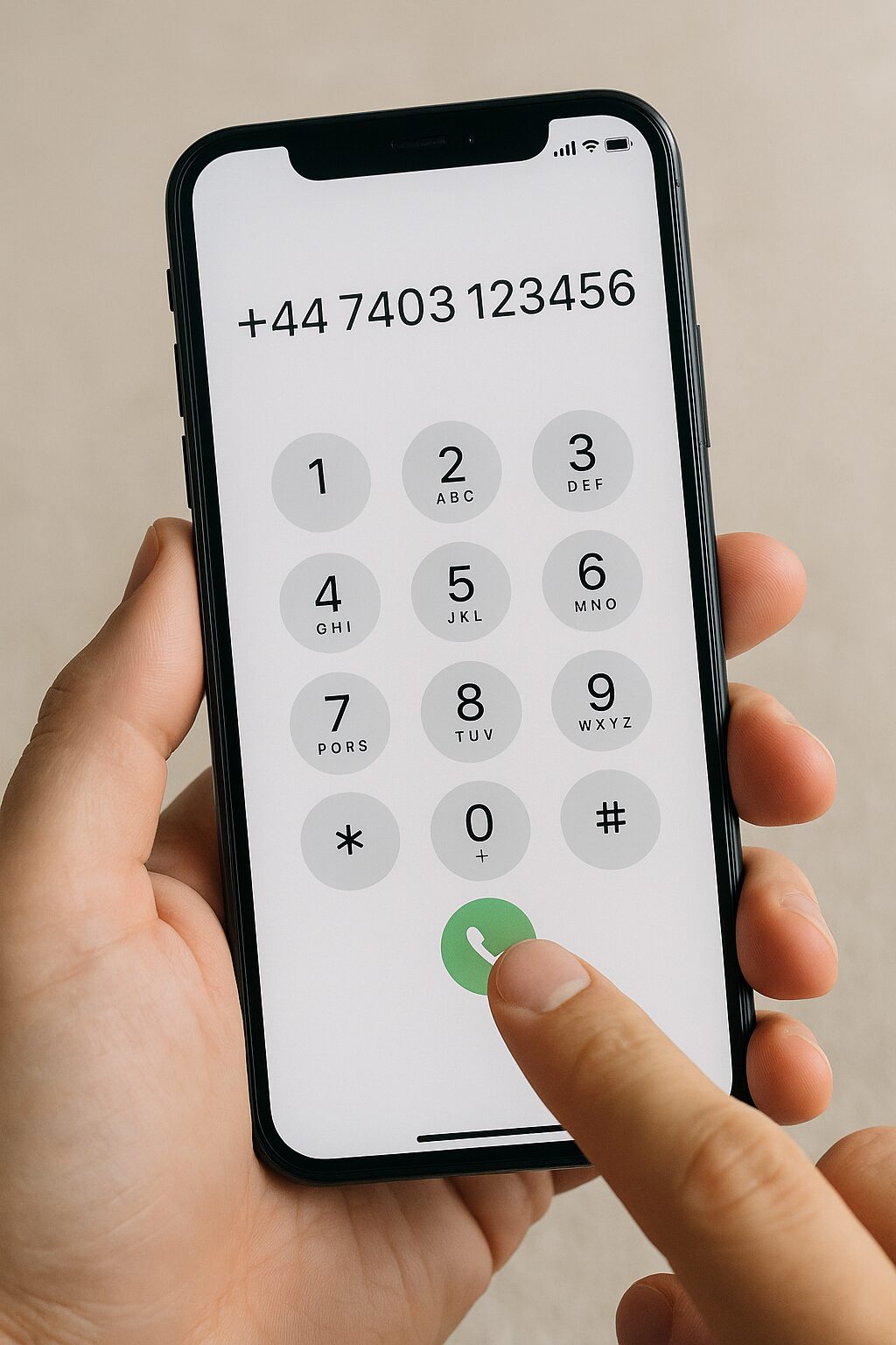 スマホのダイヤル画面で国番号+44とイギリスの携帯番号を入力しているイメージ画像