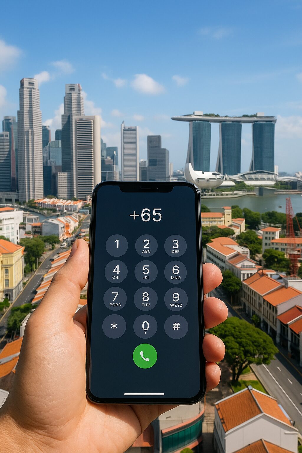 シンガポールの街並みとスマホの国際電話画面のイメージ画像