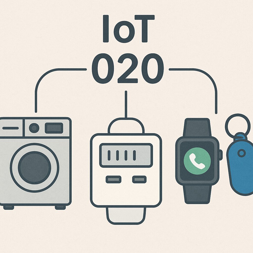 IoT機器やスマートウォッチなどが020番号を利用して通信しているイメージ