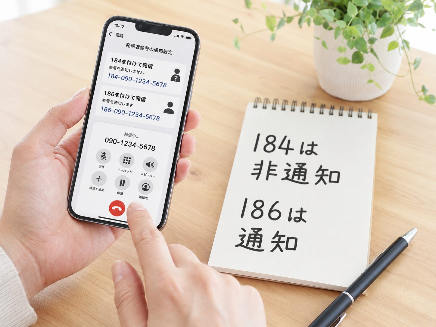 スマートフォンの横に184は非通知、186は通知と書かれたメモを置いて確認しているイメージ。無料写真素材で、スマホ、メモ帳、ペン、電話番号の確認画面が自然に写った画像を使用する