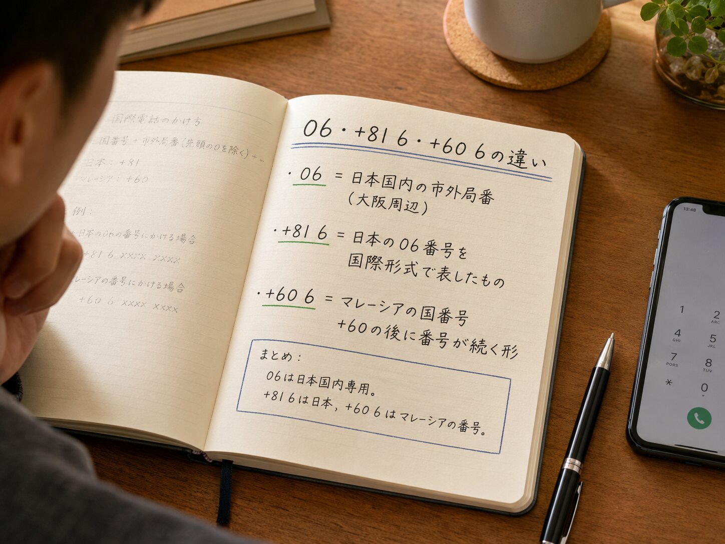 ノートに06、+81 6、+60 6の違いを書いて確認しているイメージ
