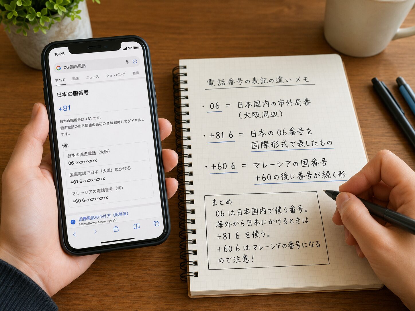06番号と+81 6と+60の違いをスマートフォンとメモで確認しているイメージ