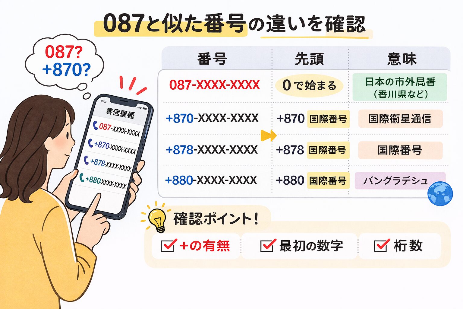 087と870や878や880など似た番号を見比べて違いを確認する図解の無料画像を入れる