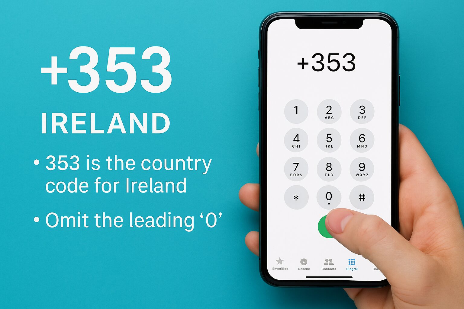 アイルランドへの国際電話で+353と0を外すルールを説明するイメージ。スマートフォンに+353を入力している図。