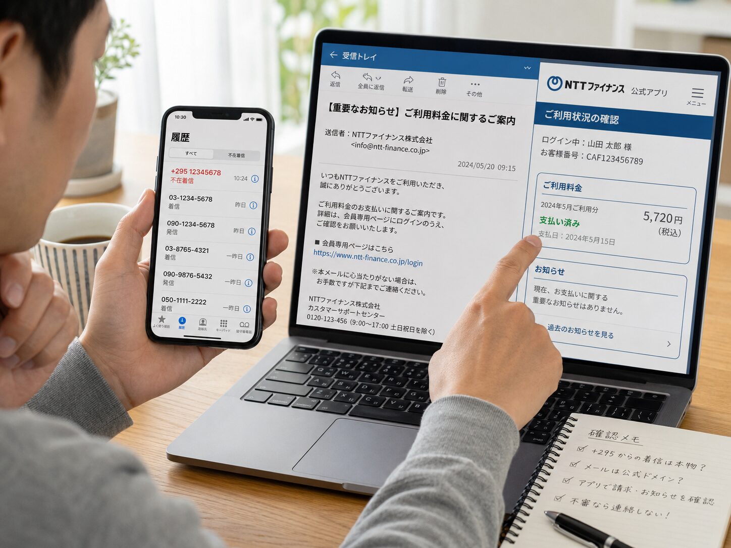 +295の着信履歴とメールや公式アプリを見比べて確認している写真