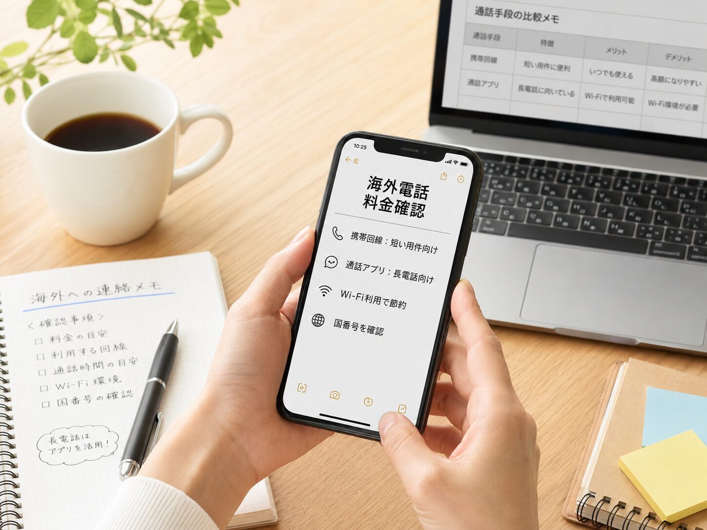 海外電話の料金確認と通話アプリの使い分けをスマートフォンで確認しているイメージ