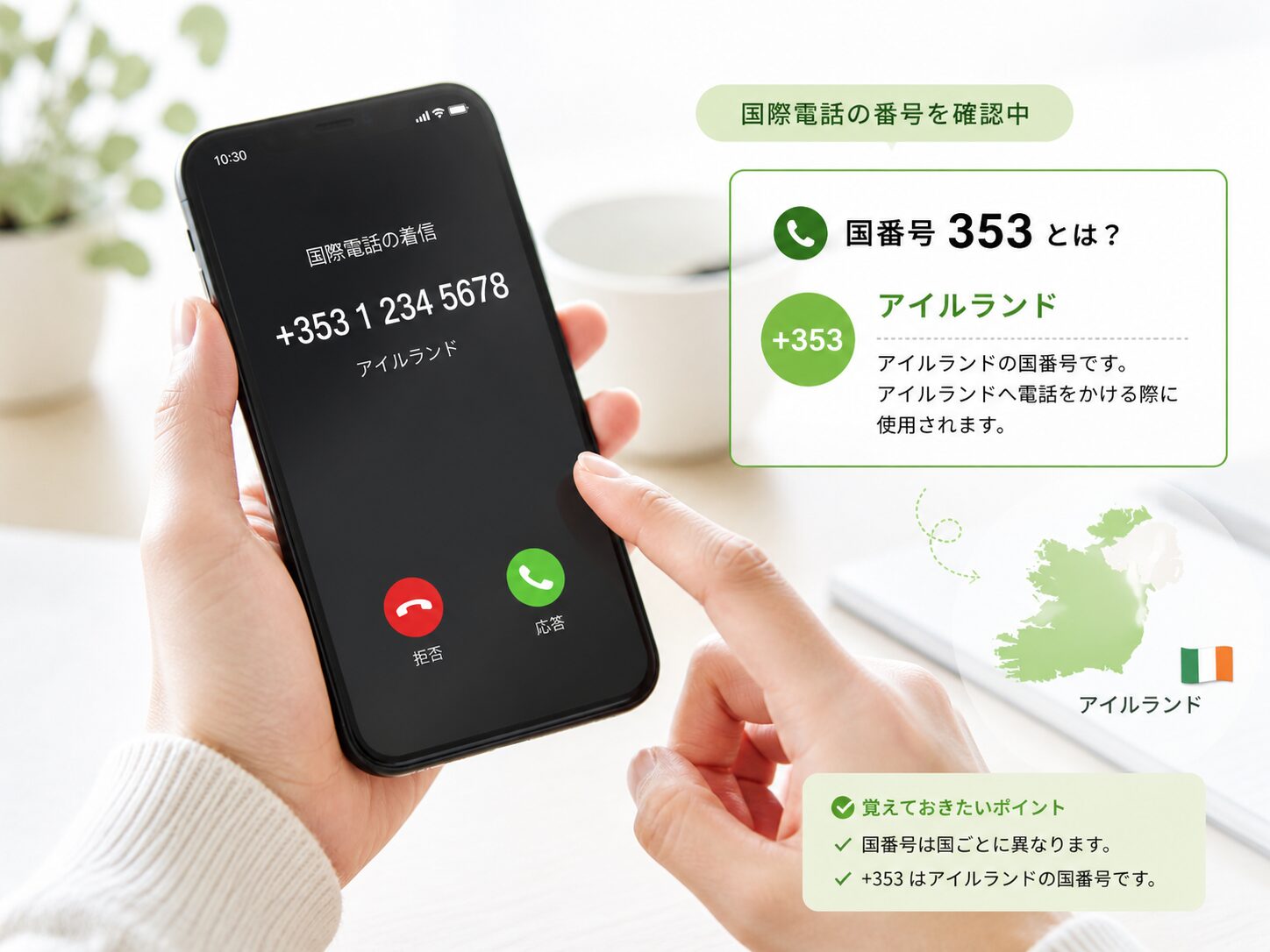 スマートフォンに国番号353からの着信が表示されアイルランドの国番号を確認しているイメージ