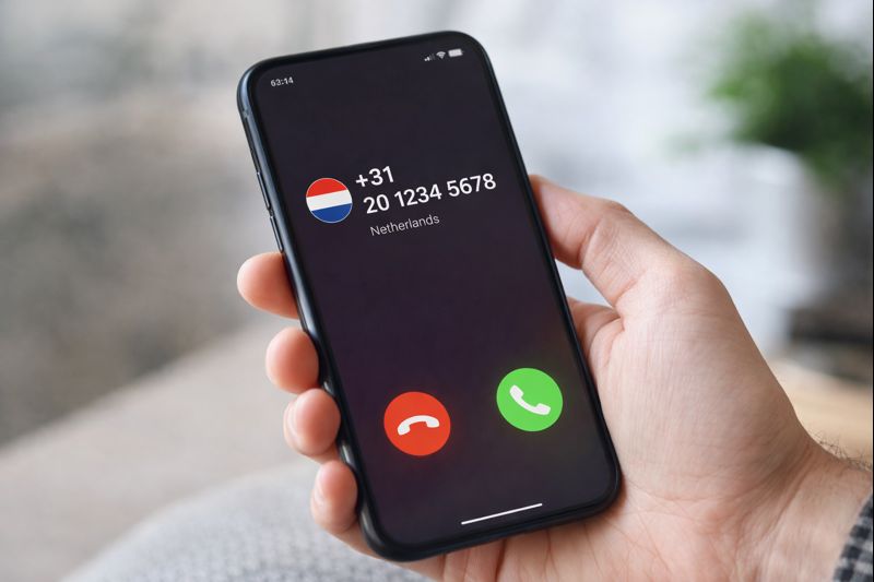 スマートフォンに表示された国番号31からの着信を確認しているイメージ画像（無料素材で入手できる手元写真）