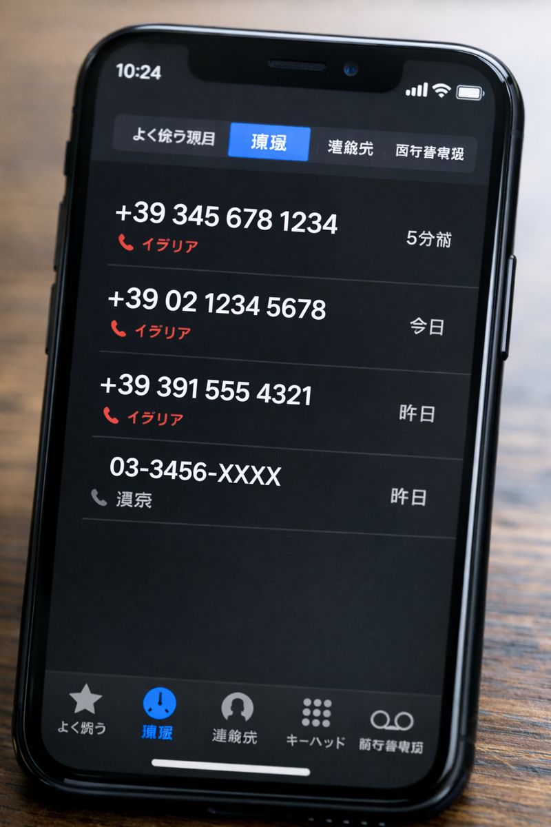 スマートフォンの着信履歴に国番号39（+39）からの国際電話が表示されているイメージ画像（無料素材）
