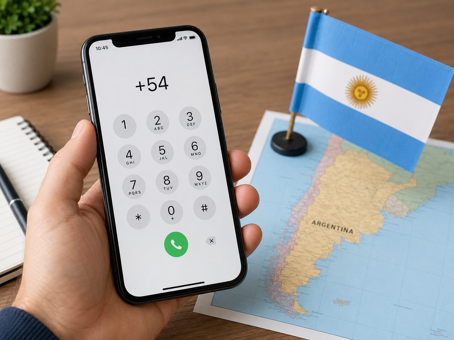 アルゼンチンの国旗と地図の横でスマートフォンに国番号+54を入力している写真