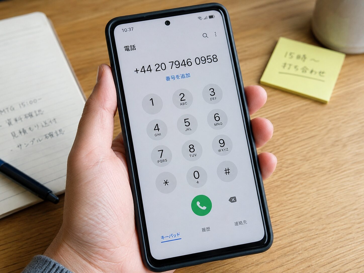 スマートフォンでUKの国番号+44を入力して国際電話をかけようとしている写真
