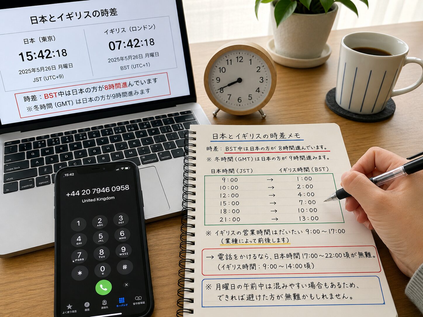 日本とUKの時差を確認しながら+44の電話番号へかける時間を決めている写真