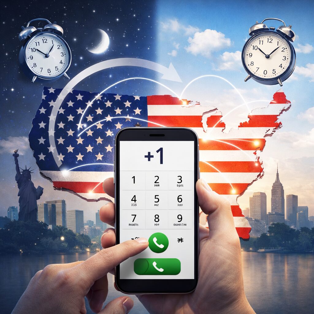 スマートフォンのダイヤル画面にプラス1を入力してアメリカへ電話をかける様子や、アメリカの時差を意識して連絡している様子が伝わる無料画像素材を中央寄せで配置する