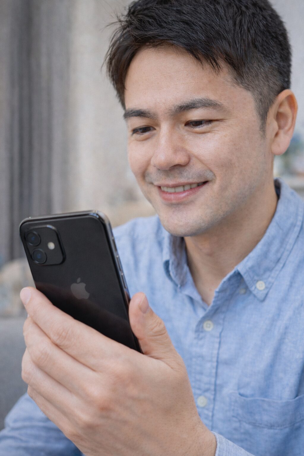 スマートフォンを安心して操作している様子のイメージ。安全に電話対応している雰囲気の無料写真素材