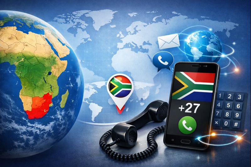 南アフリカ共和国の位置と国際電話をイメージした画像（無料素材）