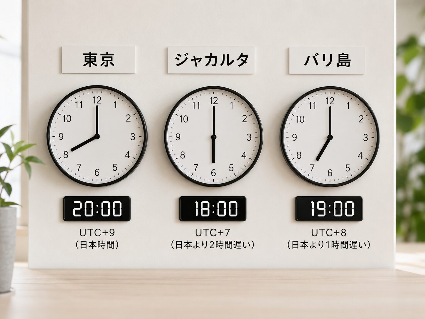 東京とジャカルタとバリ島の時計を並べ、日本との時差を比較している写真