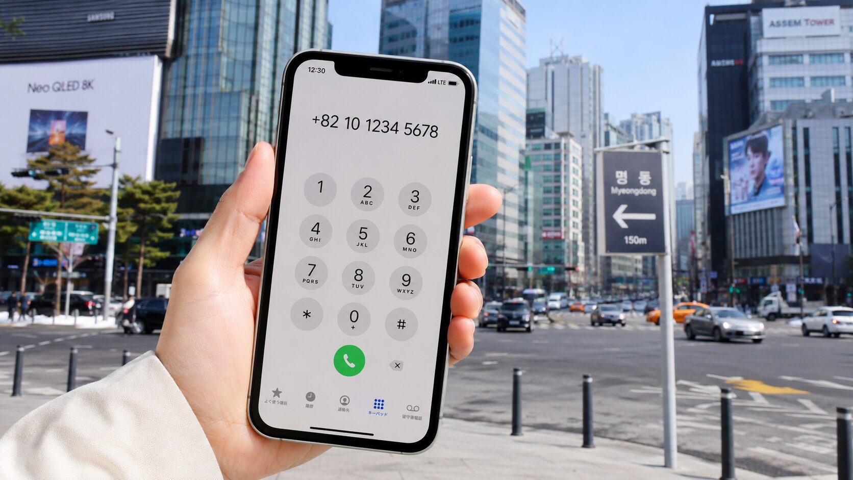 韓国ソウルの街並みとスマートフォンに+82の番号を入力している旅行者の手元の写真