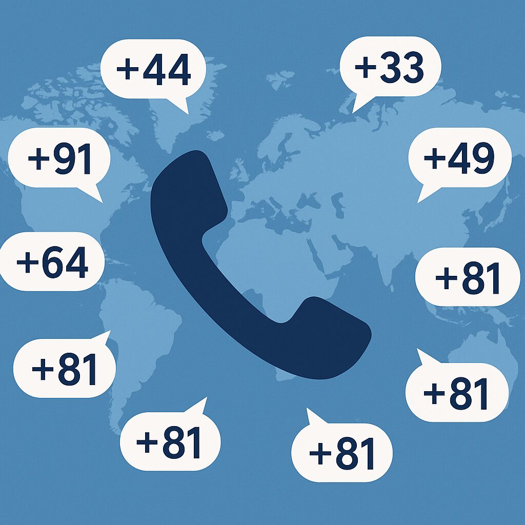 世界地図と電話アイコン、その周りに複数の国番号が吹き出しで表示されているイメージイラスト