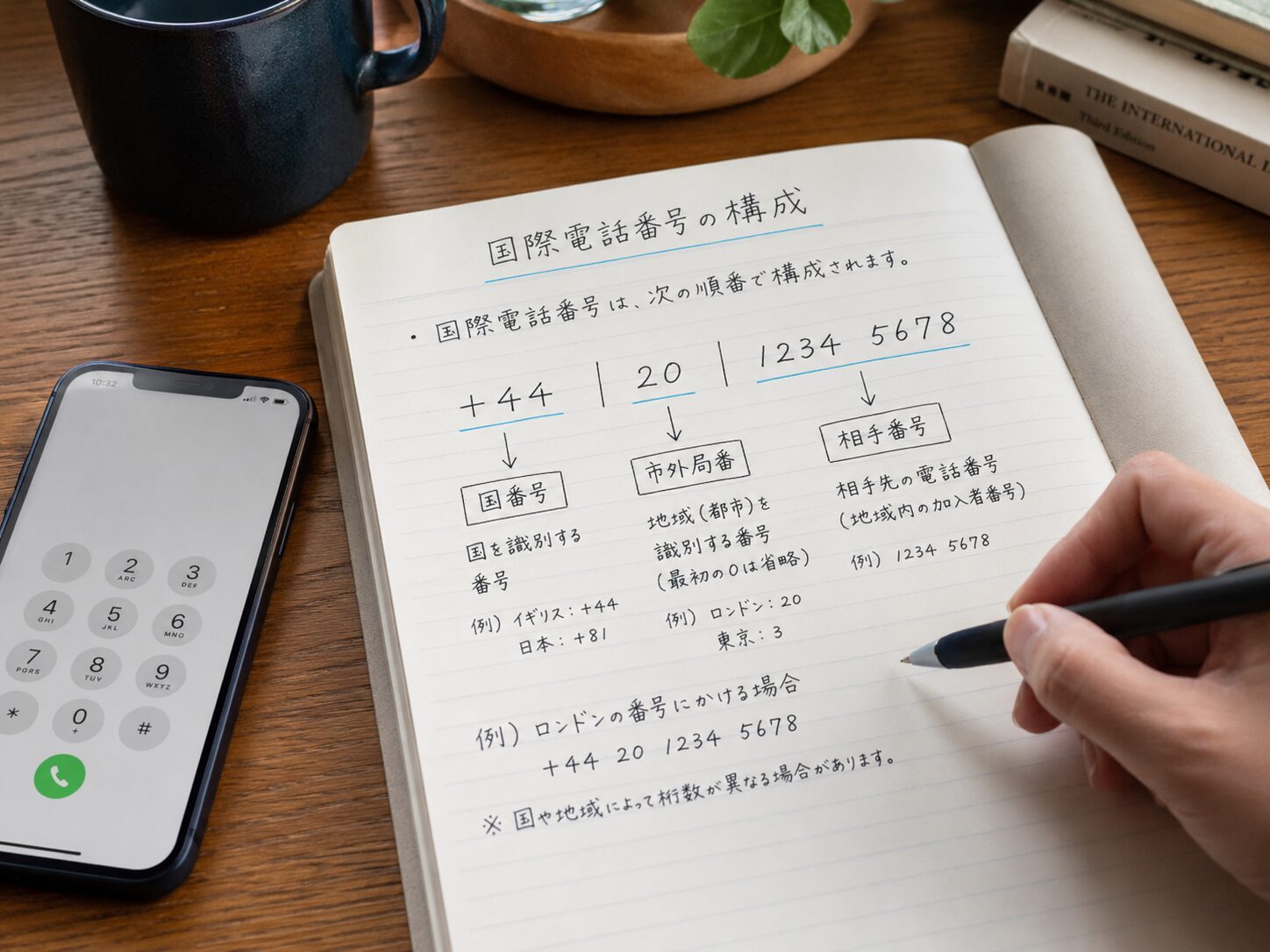 国番号と市外局番と相手番号の並びをノートに整理している写真