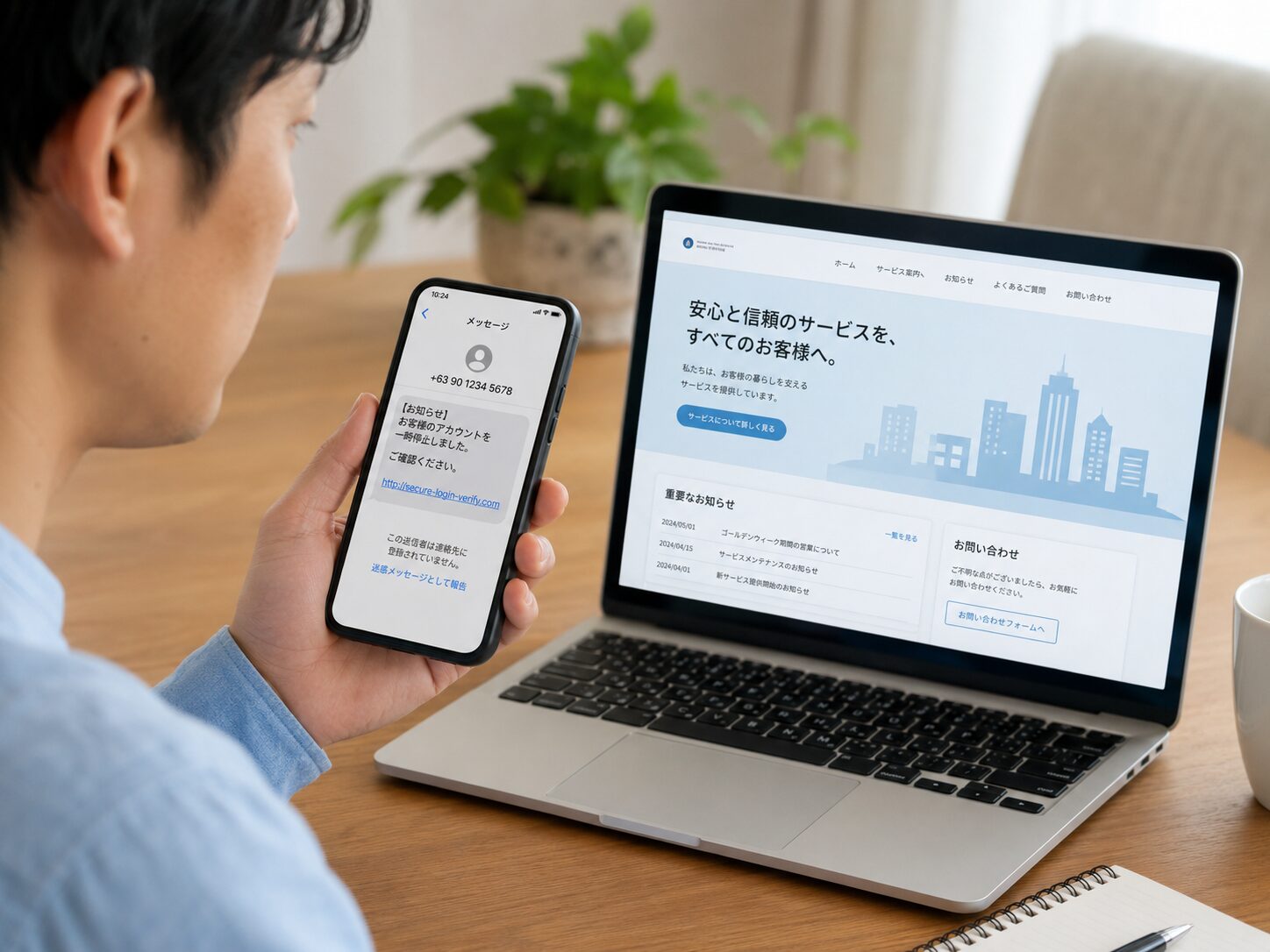海外番号のSMSを開かず公式サイトで確認しているスマートフォン利用者の写真