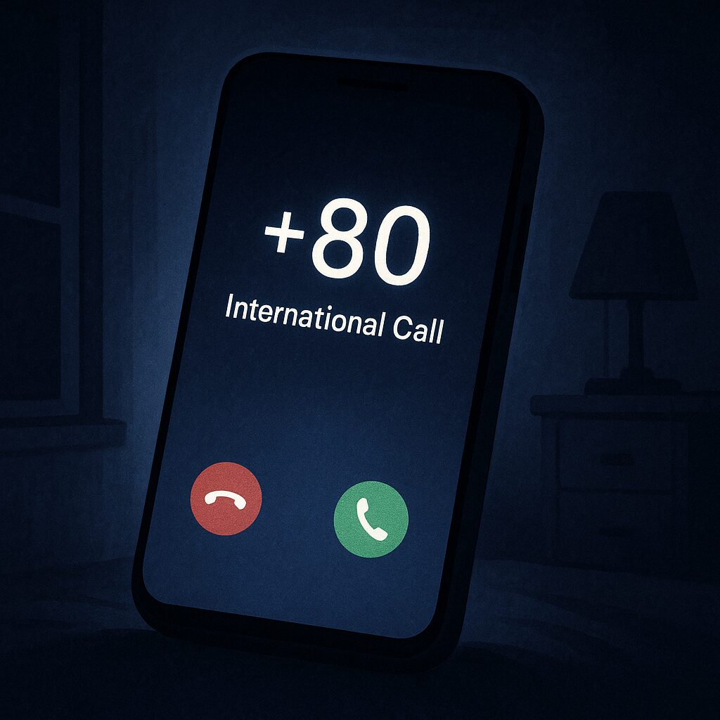 スマホに表示された不審な国際電話の着信画面をイメージしたイラスト（夜の部屋でスマホの画面だけが光っている様子）