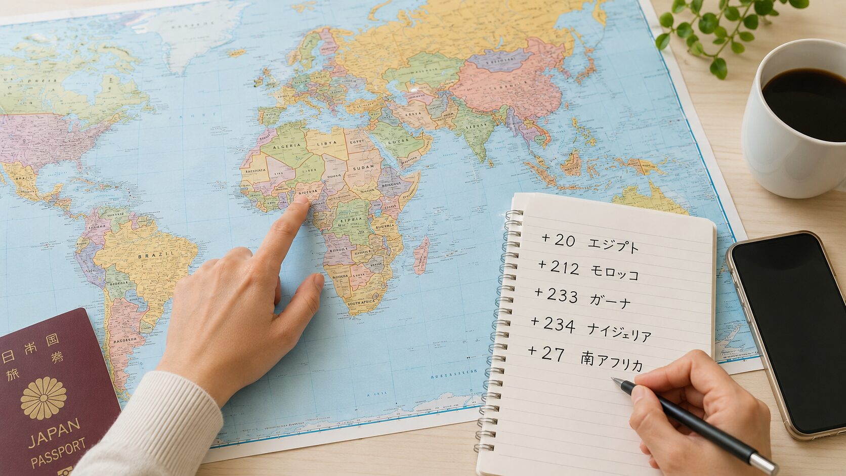 アフリカ大陸を中心に+2から始まる国番号の地域を確認している世界地図のイメージ写真