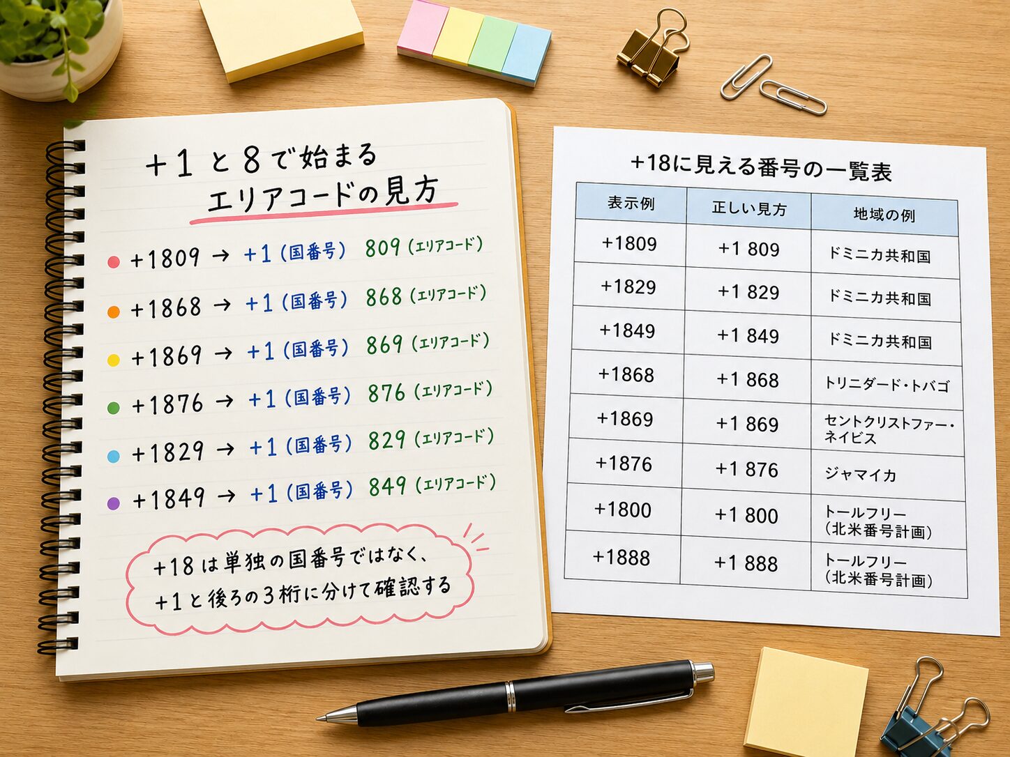 国番号+1と8で始まるエリアコードを分けて確認するメモと電話番号一覧表の写真