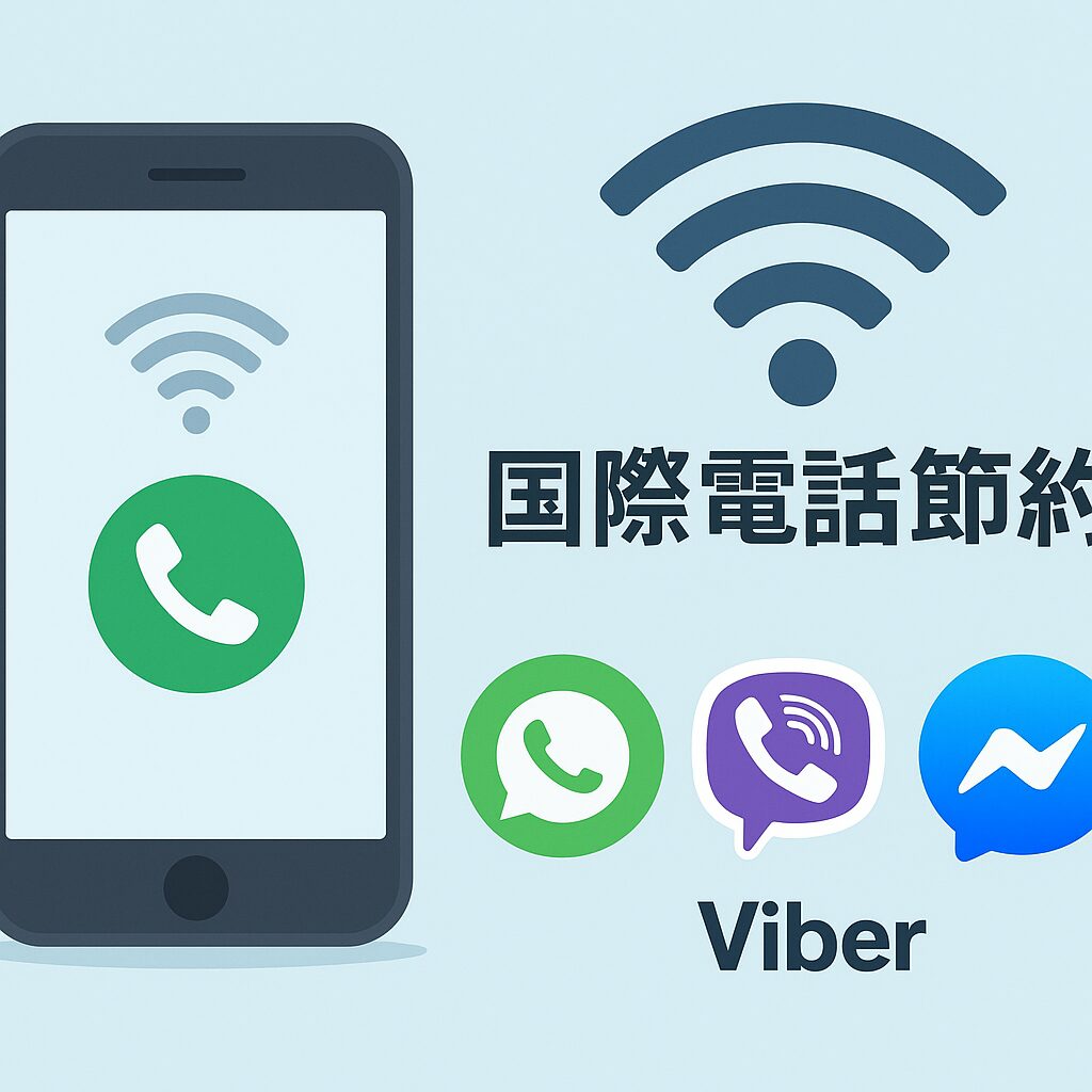 スマートフォンとWi-Fiアイコン、通話アプリのロゴを組み合わせた国際電話節約のイメージ