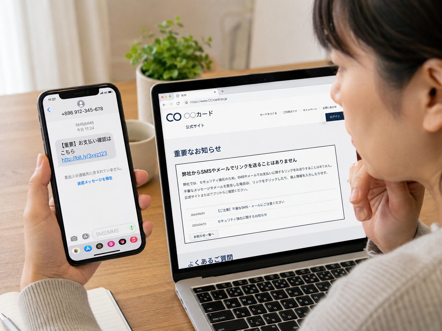 +886から届いた不審なSMSを開く前に公式サイトで確認しているイメージ