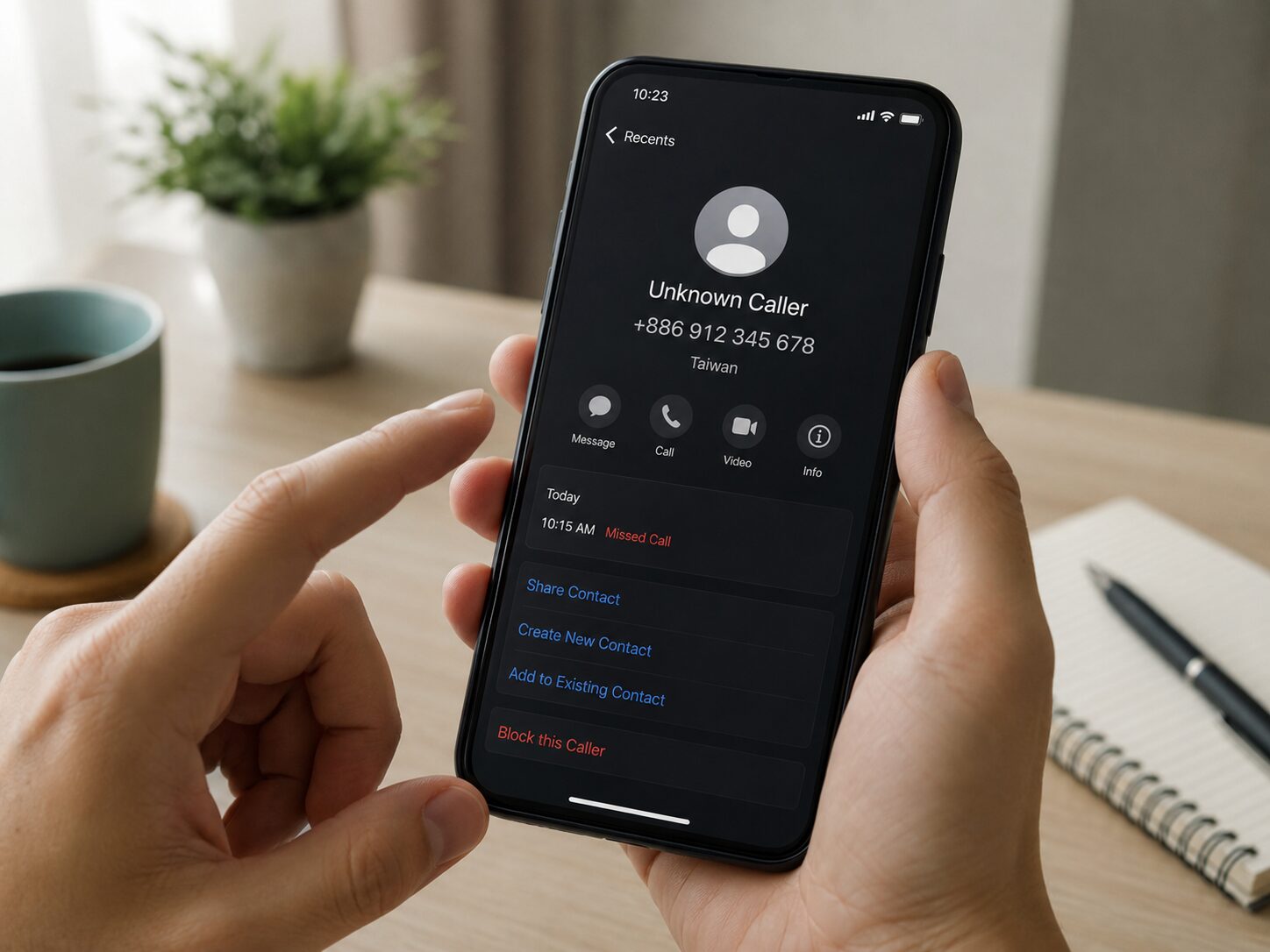スマートフォンに+886から知らない国際電話が着信し、折り返さず番号を確認している手元の写真