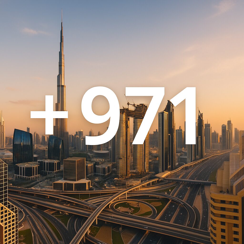 ドバイの都市風景と国番号+971の概念を表す画像