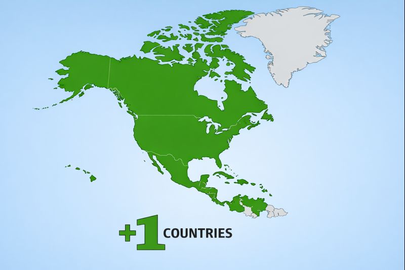 北米地域を中心に国番号1が使われている国と地域の地図イメージ（無料素材）