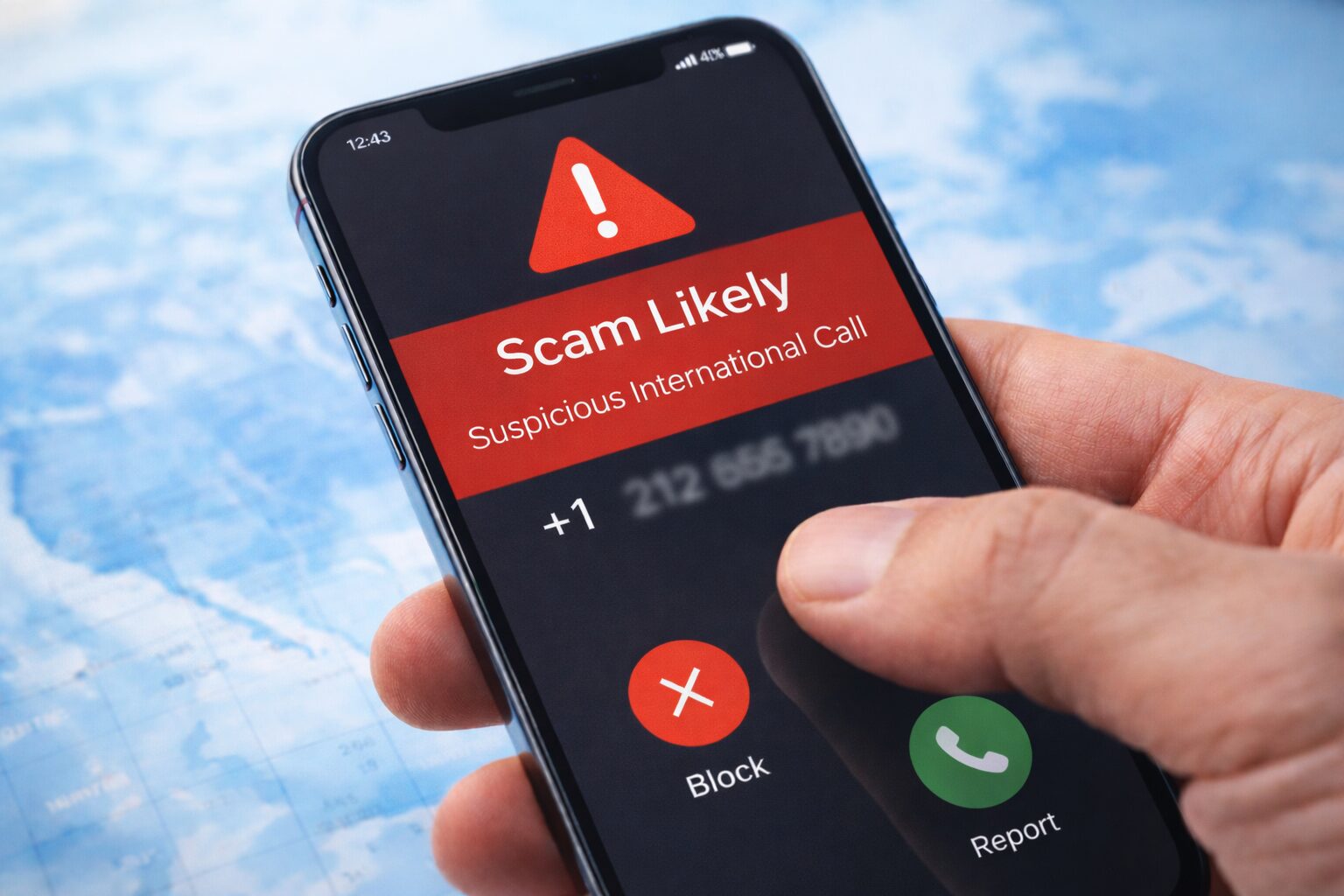 無料素材向け：不審な国際電話への注意を示すスマートフォン画面。警告アイコンや迷惑電話表示がある写真素材の指示（個人情報が写らない、一般的なUIイメージ）