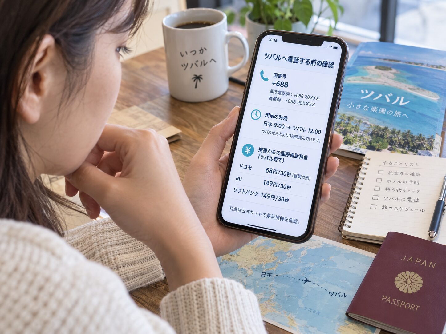 日本からツバルへ電話する前にスマートフォンで+688の番号、現地時間、ドコモ・au・ソフトバンクの国際電話料金を確認している人物の写真