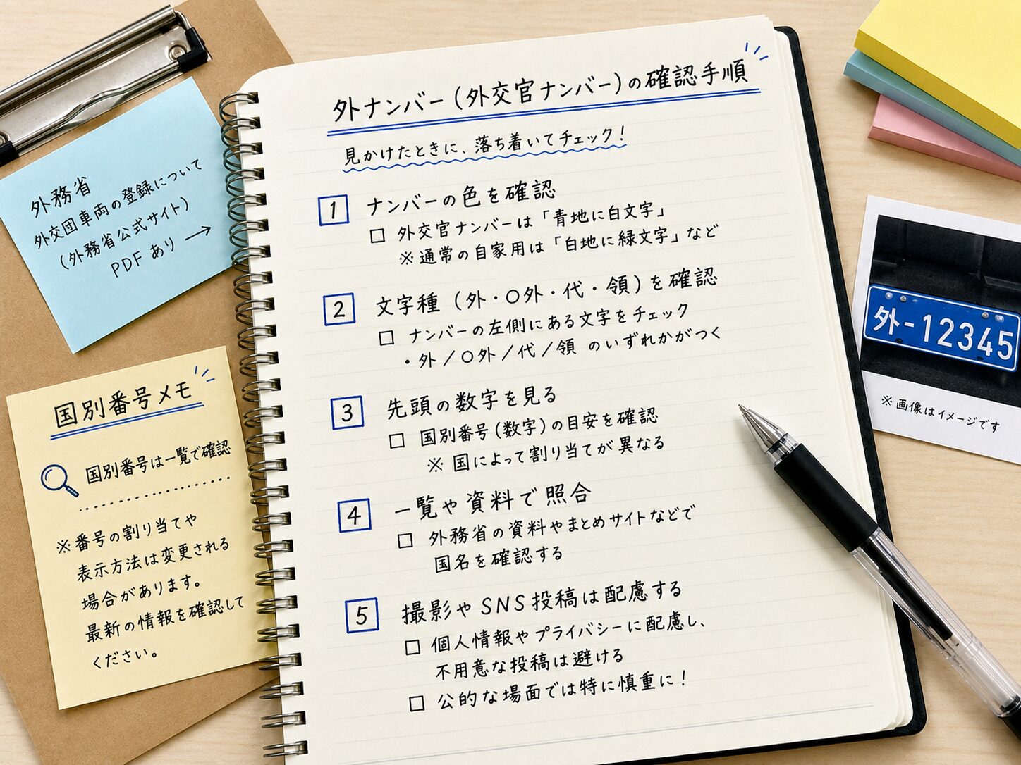 外ナンバーを見かけたときの確認手順をメモ帳に整理している写真