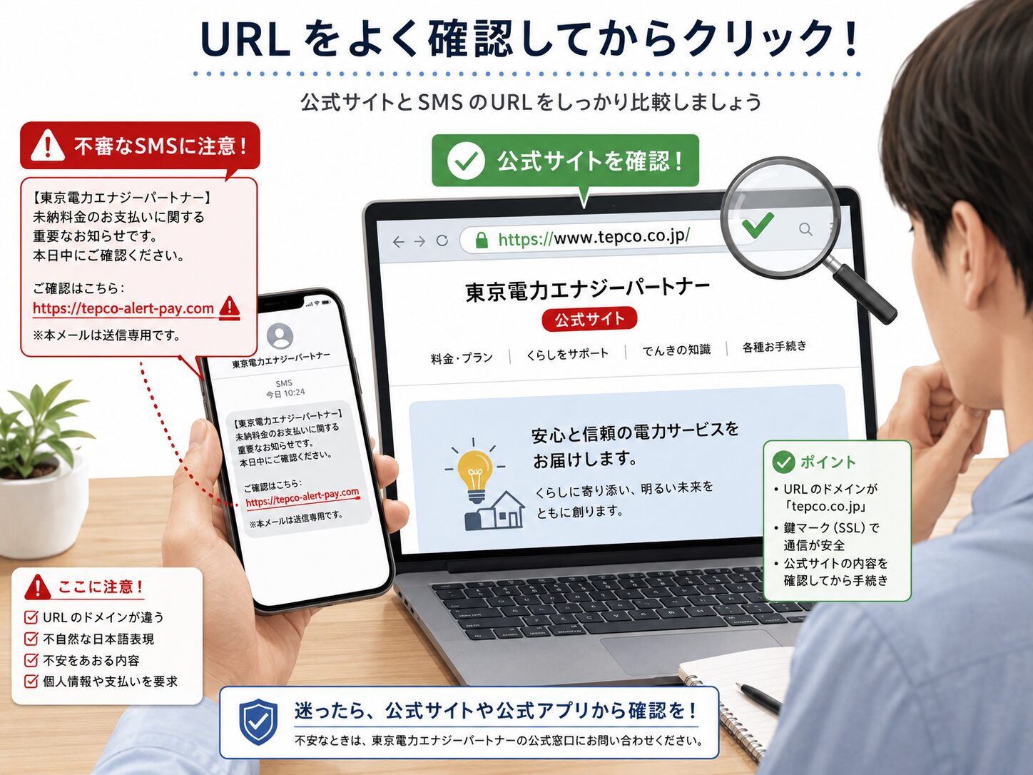 東京電力の公式サイトと不審SMSのURLを見比べて確認しているイメージ