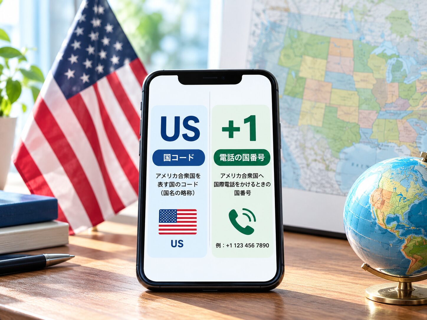 アメリカの国旗と地図、スマートフォン画面にUSと国番号+1が表示され、国コードと電話の国番号の違いを説明している写真。無料素材風のイメージ