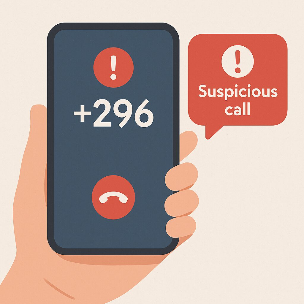 スマートフォンの画面に+296からの不審な着信が表示されているイラスト。赤い警告マークと注意喚起の吹き出しがあるフラットデザイン。