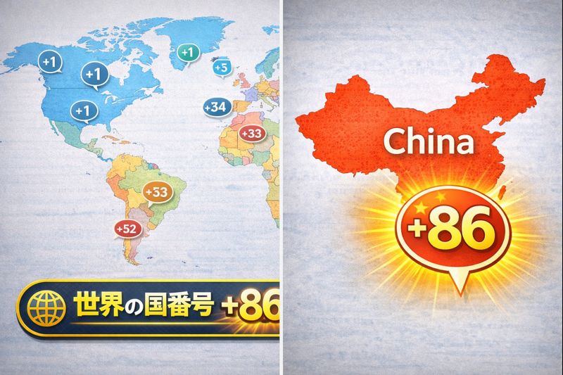 世界地図と国番号を示したイメージ図 中国の国番号86が強調されている