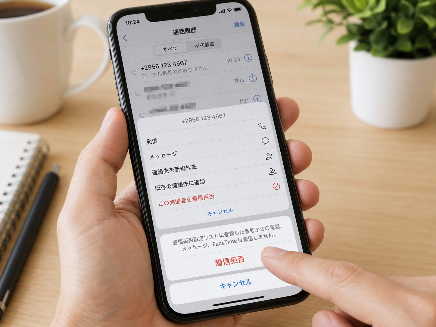 スマートフォンの着信履歴からプラス2956で始まる不審な番号を選択し着信拒否を設定している写真
